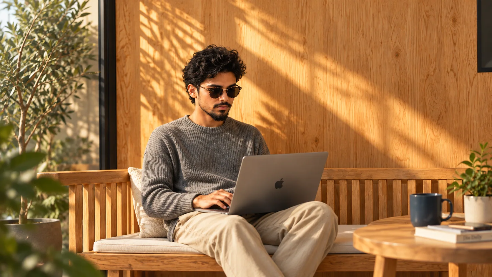Praveen Kumar working on a laptop in a sunlit studio